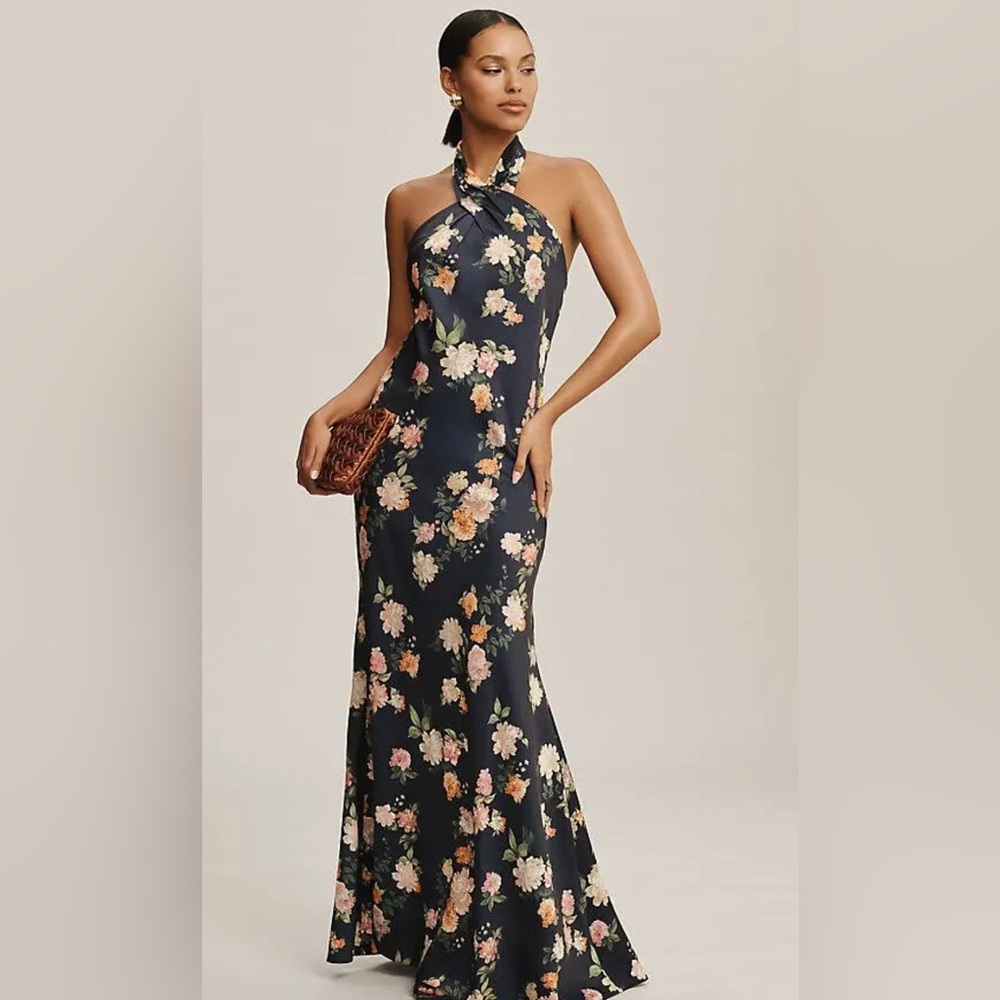 Anthropologie BHLDN Ruby Twist Halter Satin Dress